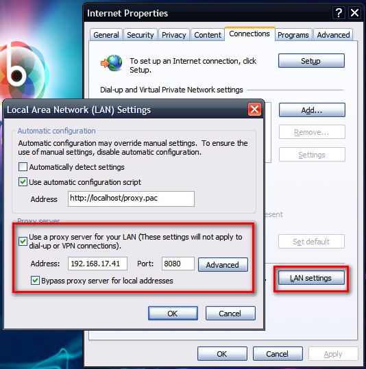 Windows XP Professional Internet Options Screen
